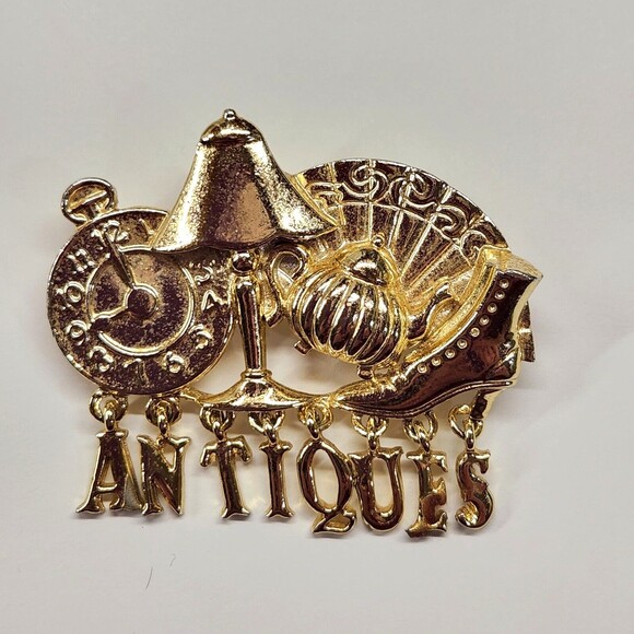 Vintage AJC Antiques Brooch Pin Gold Tone Spell Out Letter Charms 2.25 in. Long - Picture 7 of 9